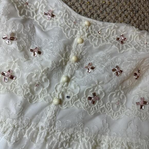 vintage y2k white & pink rhinestone lace babydoll peplum top/ mini dress - Picture 7 of 8